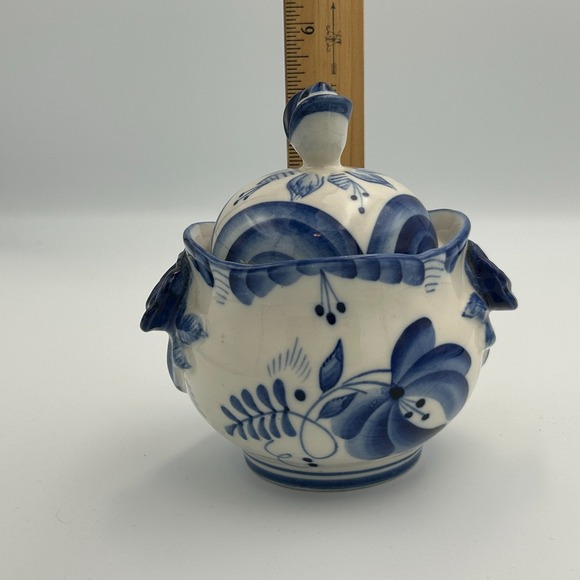 Russian GZHEL Porcelain Blue White Sugar Candy Bowl Lid Vintage Handmade Painted - Picture 12 of 13